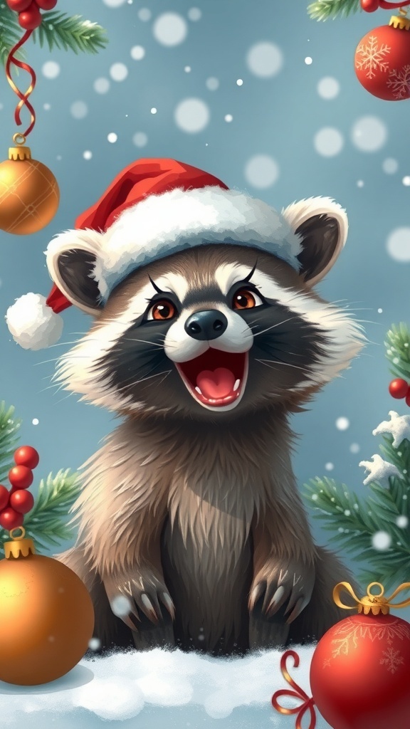 Christmas Raccoon Profile Picture Recipe A festive raccoon in a Santa hat with Christmas decorations and snowflakes.